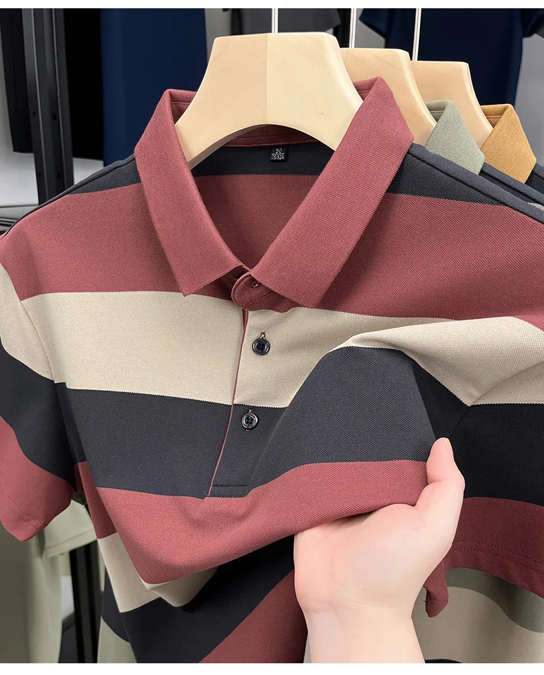 High end fashion men short sleeve polo shirt summer trend stripe men's wear middle-age business casual breathable lapel T-shirt 23 Sf3563cec2e7b4c1eae8105f1d77edf2aa