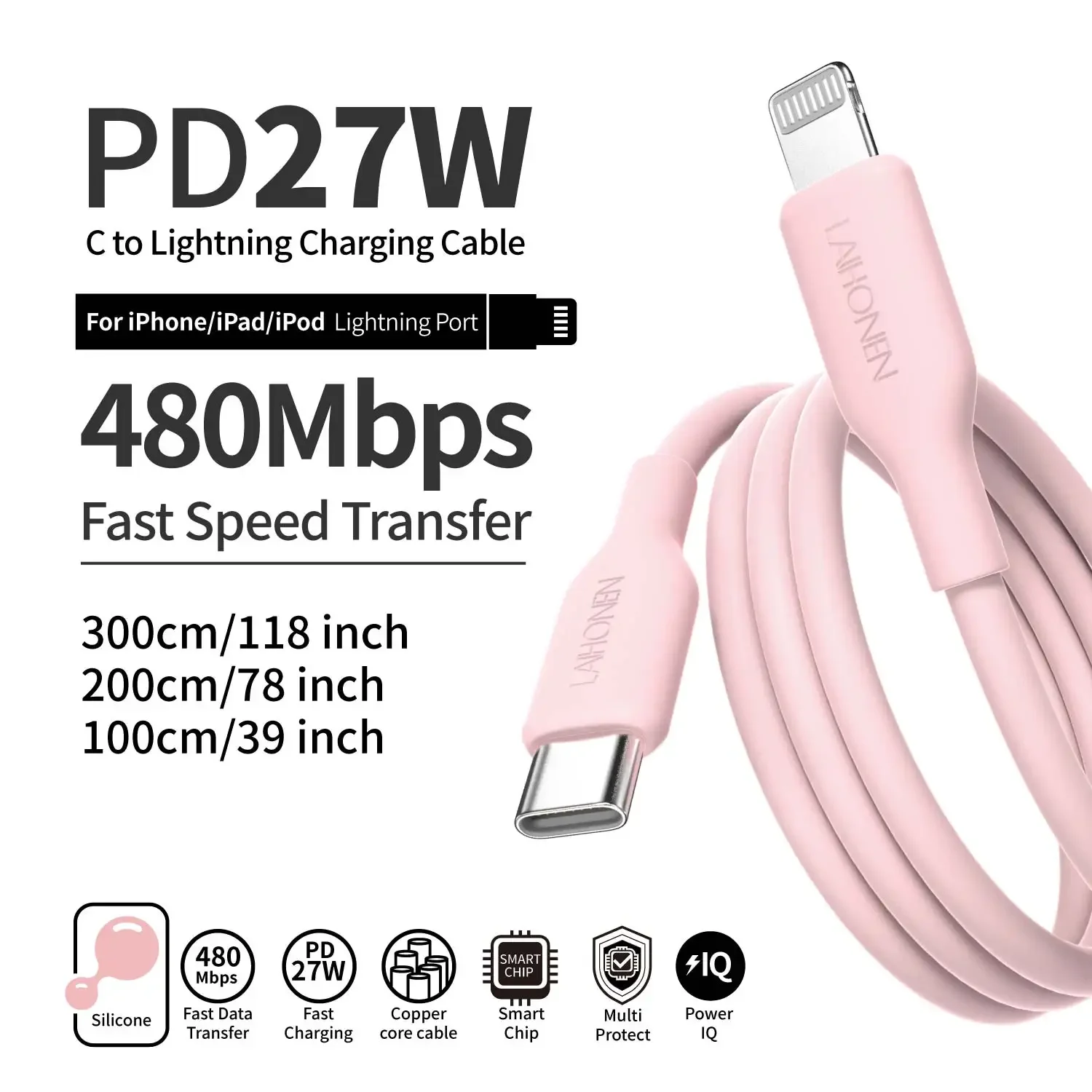 2PCS 27W PD 고속 충전 케이블 USB-C에서 라이트닝 실리콘 데이터 케이블로 마카롱 핑크, iPhone1413 12 11용 부드럽고 유연함