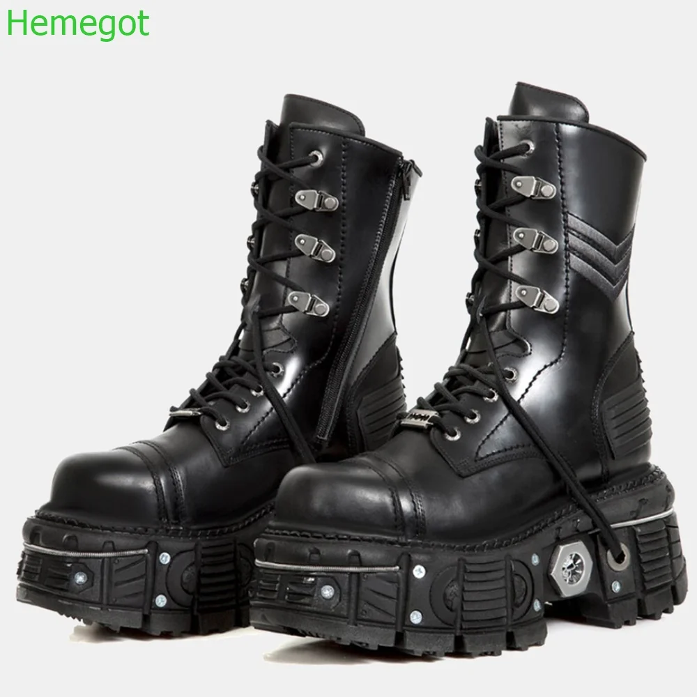 

Platform Metal Rivet Motorcycle Boots Round Toe zipper 2024 New Punk British Style Mid Boots Black Strap Women knight Boots