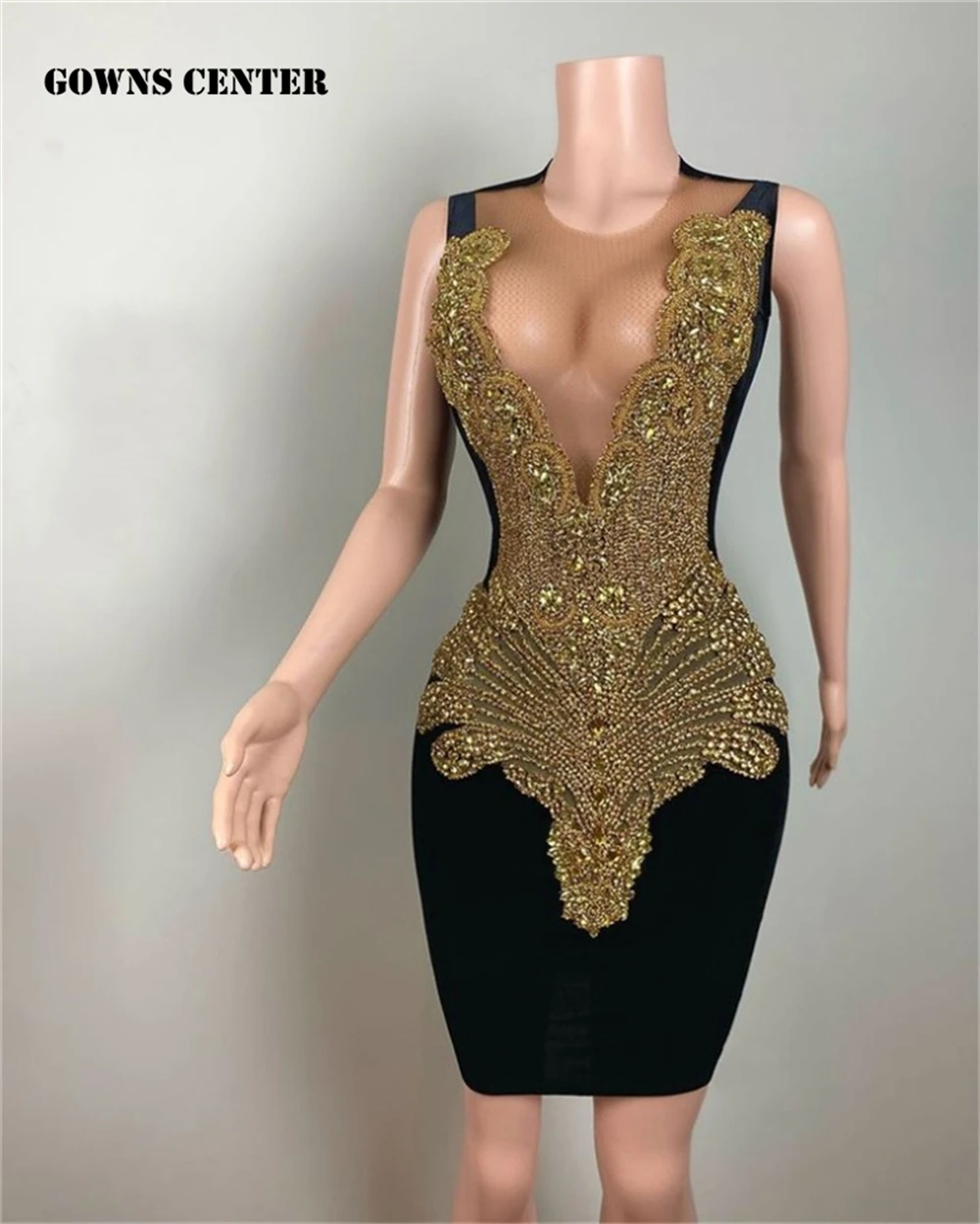 

Black Short Prom Dress Gold Rhinestones See Through Sheer Mesh African Black Girl Cocktail Dresse Birthday Party Gown Homecoming
