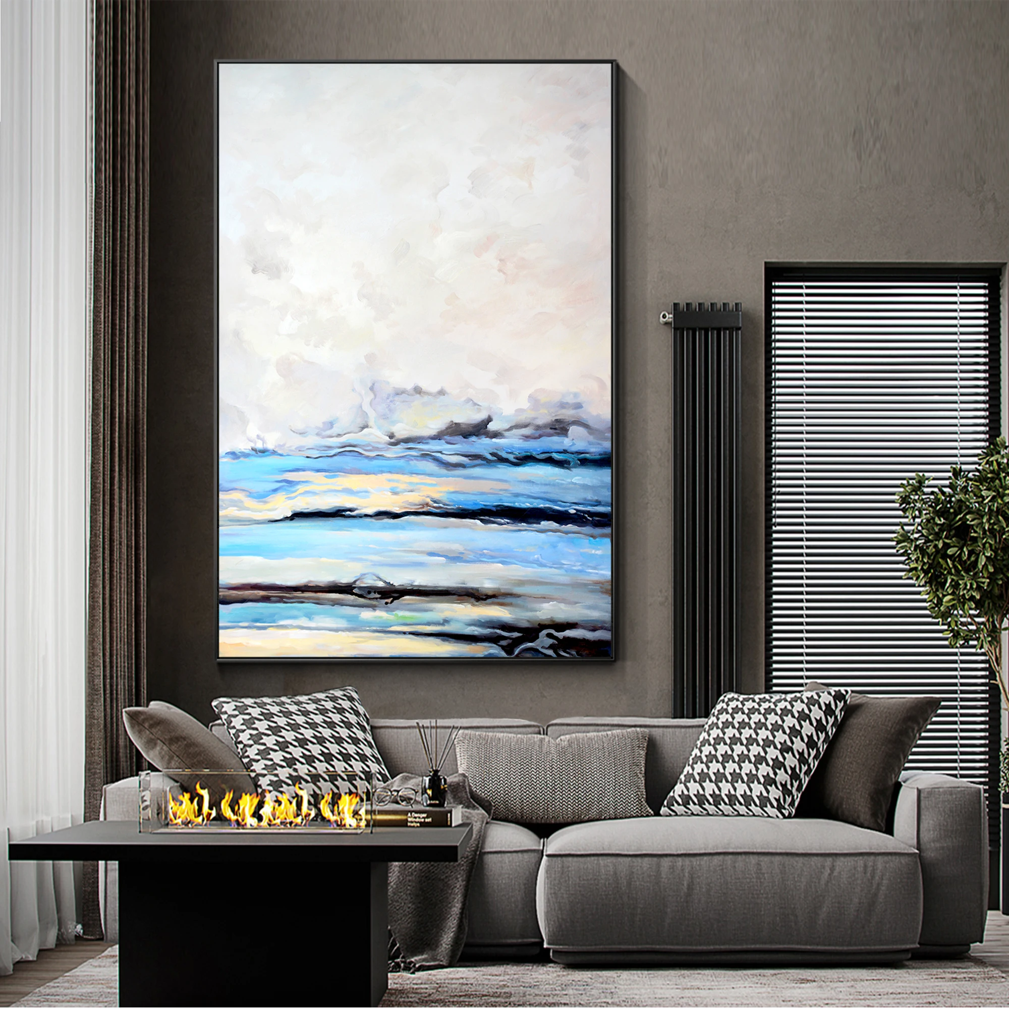 

Sky Blue White Cloud Abstract Original Painting on Canvas, Landscape Painting, Livingroom Bedroom Lounge Modern Framed Wall Art