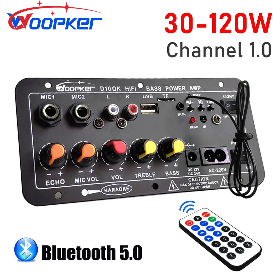 

Woopker D10 Digital Bluetooth Amplifier Board Subwoofer Dual Microphone AMP for 8-12 inch 4ohm Speaker 12V/24V 110-220V