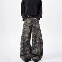 American Retro Camouflage Wide Leg Knife Workwear Jeans Unisex Loose Deconstructed Design Casual Pants for Men And Women