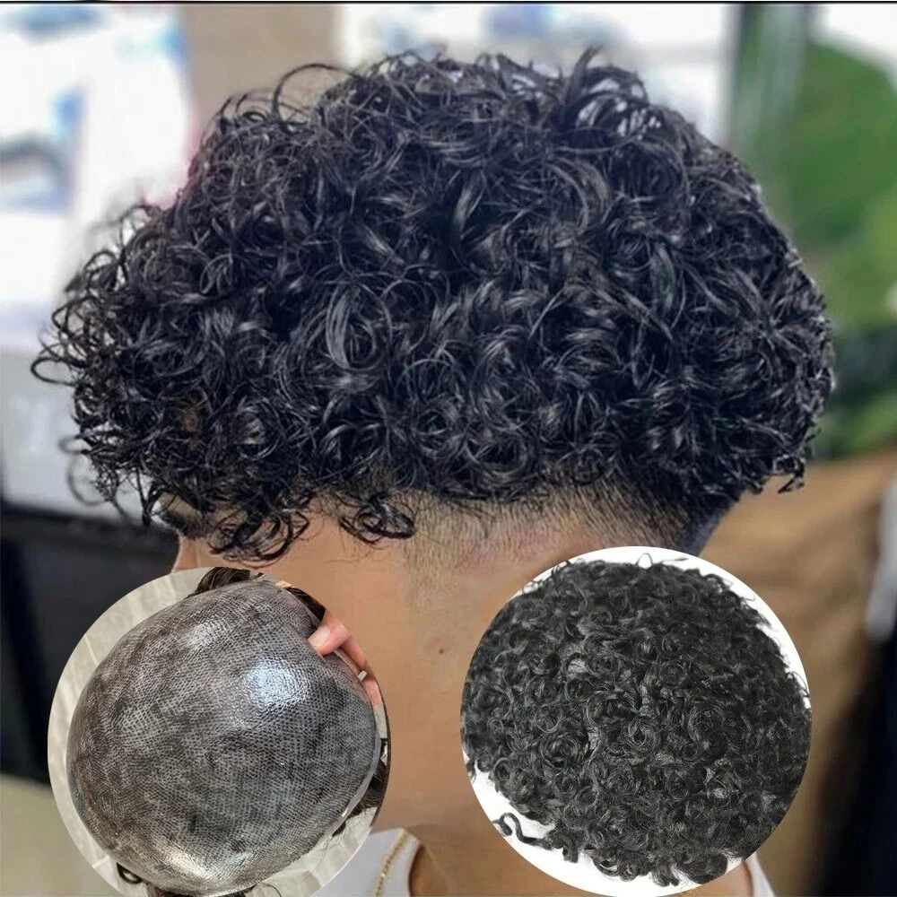 Human hair toupee 20mm curly brown black grey thin skin full PU mens wigs capillary prosthesi replacement for male