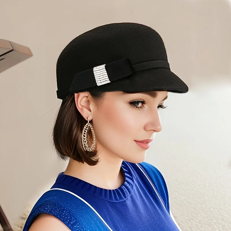 Woolen hat, autumn/winter retro newsboy hat, winter fashionable woolen trendy diamond small top felt hat