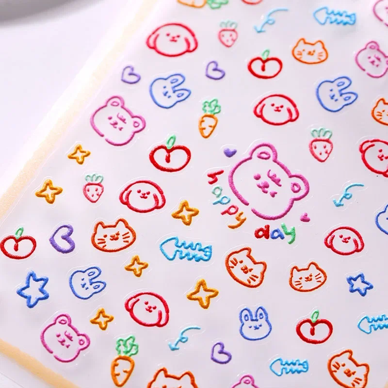 Lovely Colored Graffiti Bear Rabbit Cat Puppy Carrot Fishbone Stars 3D Flat Self Adhesive Nail Art Stickers Cute Manicure Decals 4