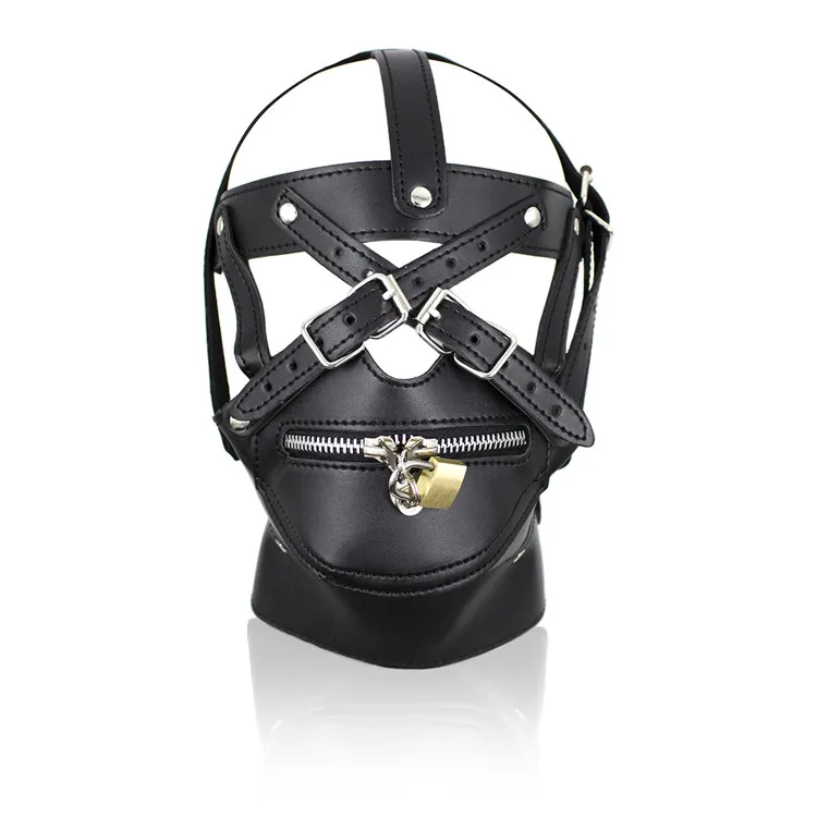 PU leather Head Hood Harness Lockable Mouth Zipper Mask Padlock  Sex Toys BDSM Bondage Headgear Slave Restraint Adult Game