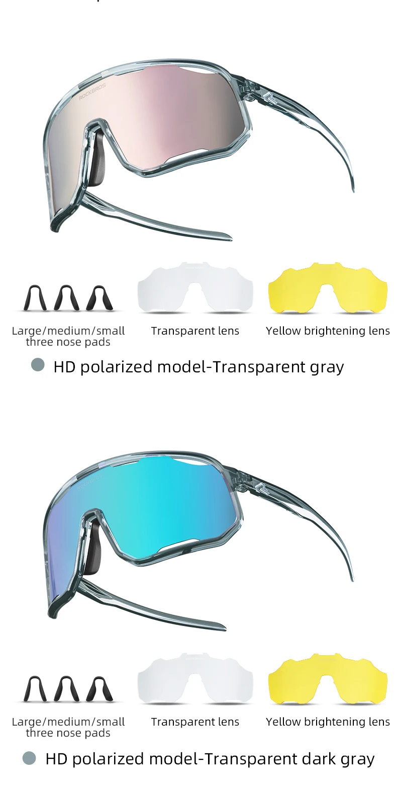 ROCKBROS Fahrradbrille, polarisierte/meuchrome Sonnenbrille, Sportbrille mit großem Rahmen, UV400-Sonnenschutz mit 2-Linsen – Detail 17