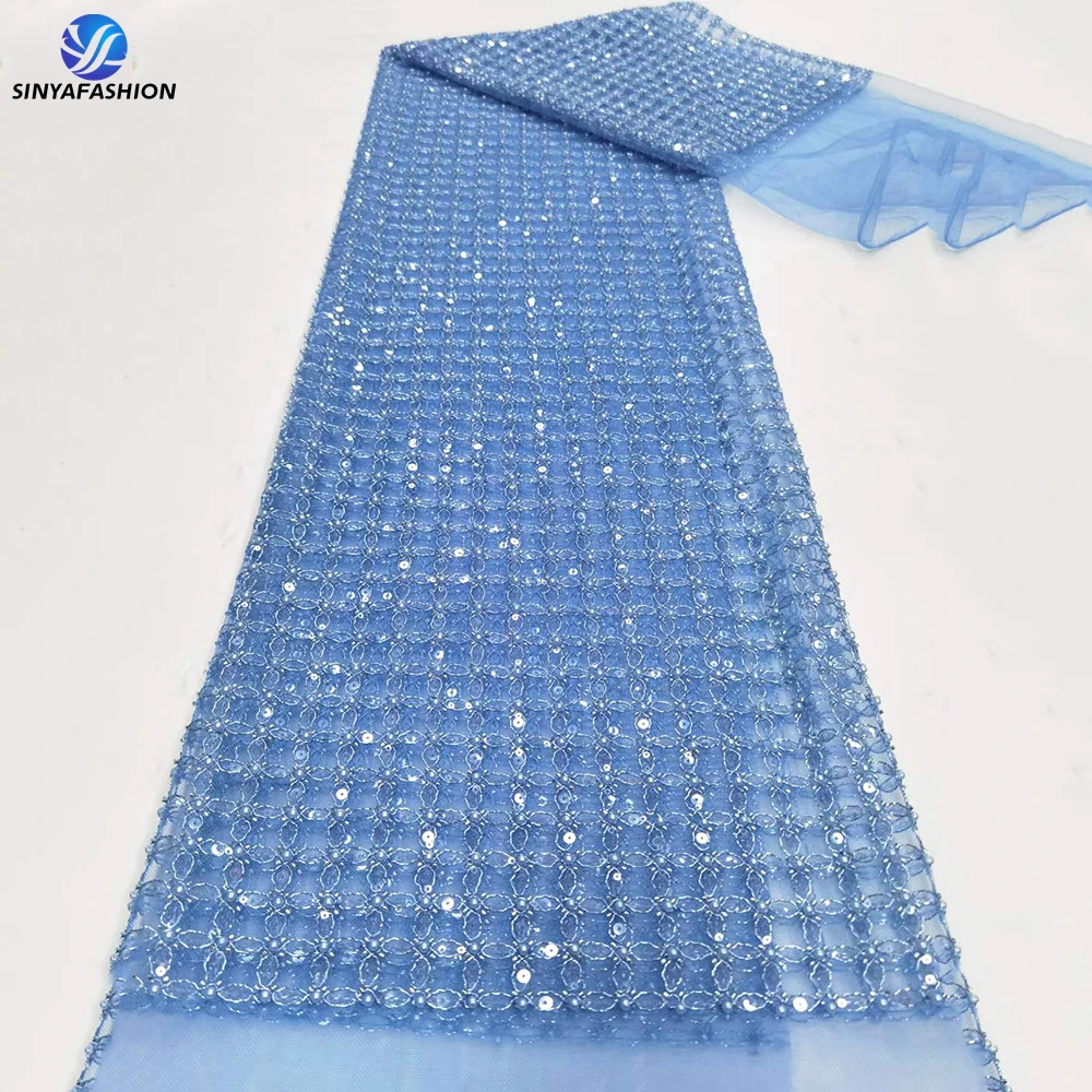 

Sinya Wholesale Blue African Wedding Bridal Dress French Net Embroidery Luxury Heavy Handmade 3D Sequins Beads Lace Fabric