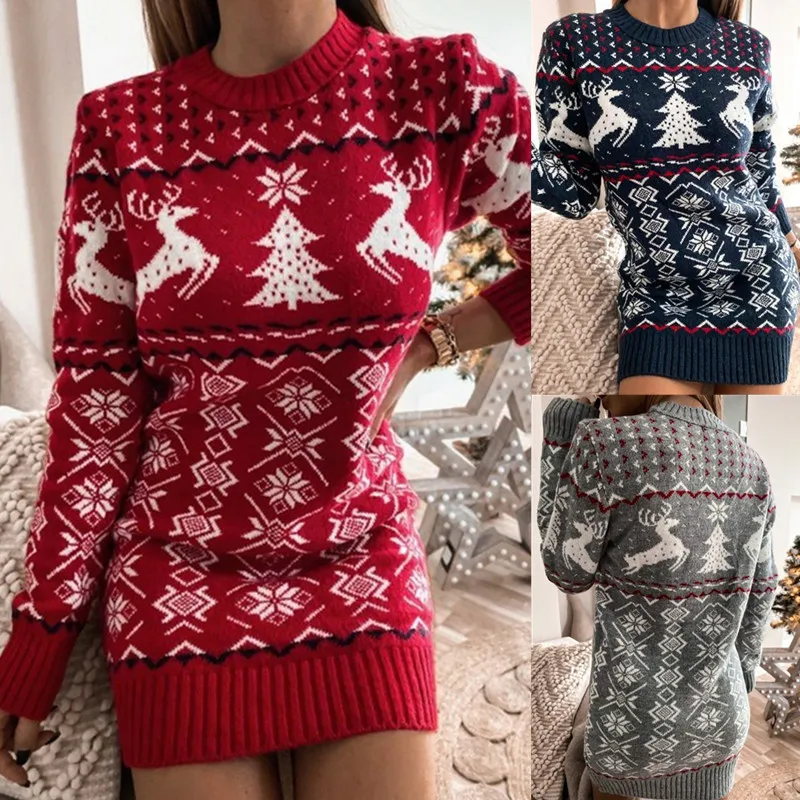 

New 2023 Christmas Sweater Women Christmas Deer Warm Knitted Long Sleeve Sweater Jumper Top Winter Autumn Pullovers Plus Size