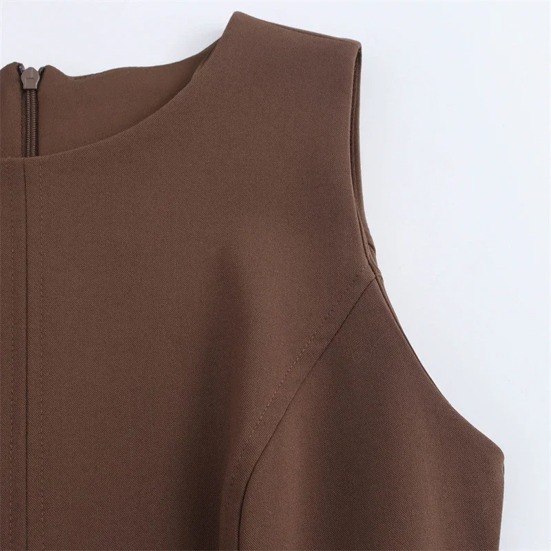 Elegant Pleated Mini Dress Women Brown O-Neck Sleeveless A Line High Waist Party Dresses Fashion Casual New Zipper Robes