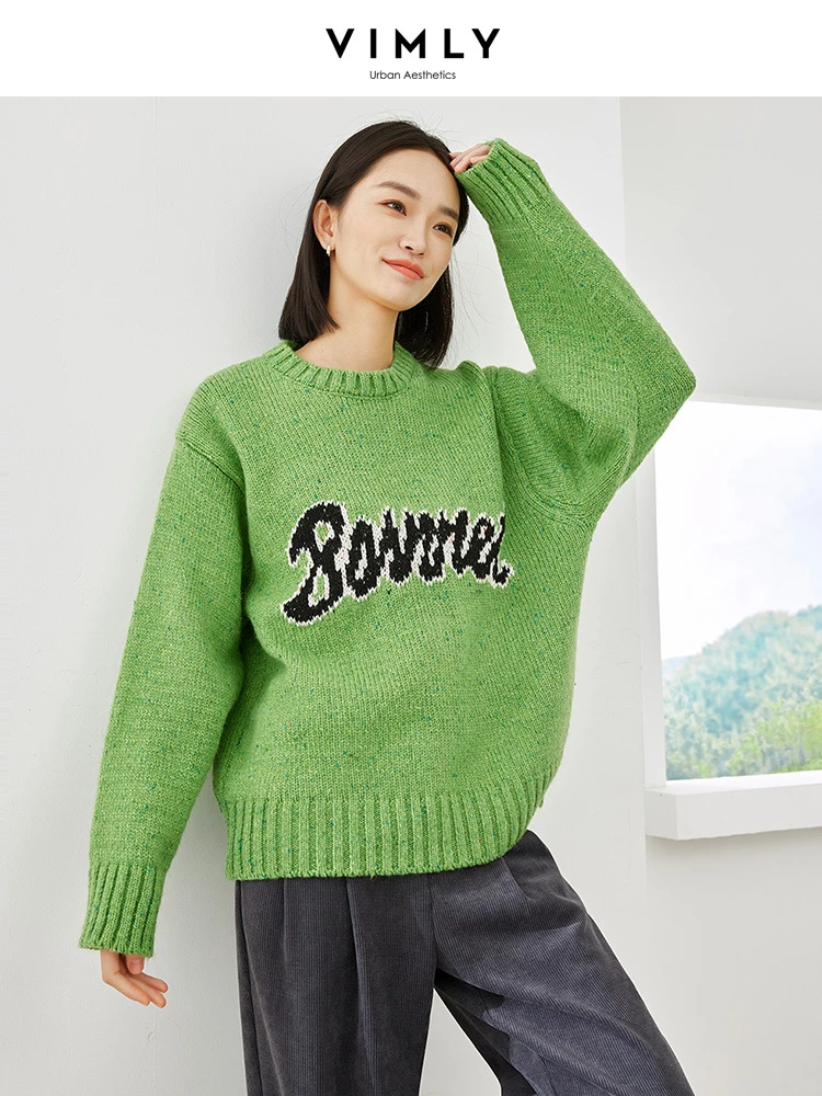 

Vimly O-neck Knitted Women's Sweaters 2023 Winter Thick Loose Pullover Long Sleeve Knit Tops High Strecth Jumpers Knitwear 16239