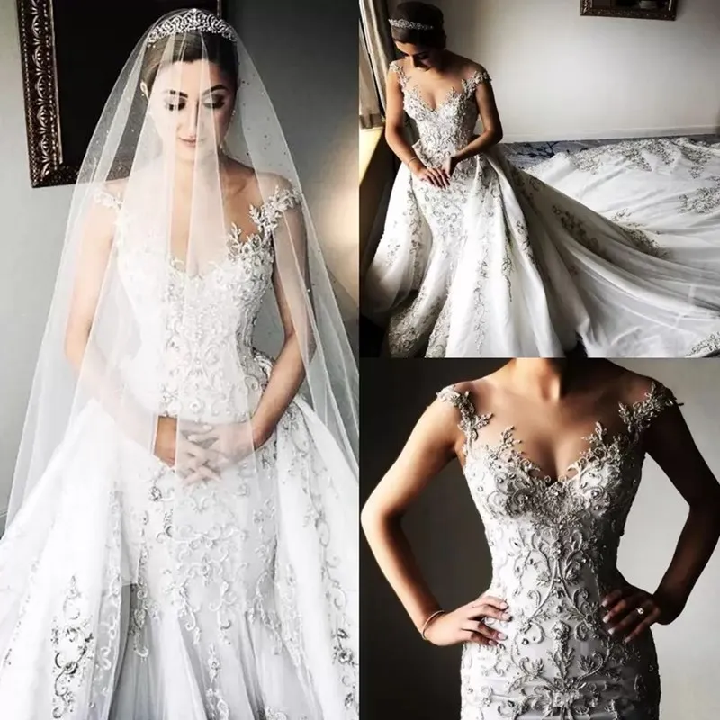 

Gorgeous Spaghetti Strap Lace Appliques Mermaid Wedding Dress with Detachable Train Robe De Mariée Sleeveless Bridal Gown