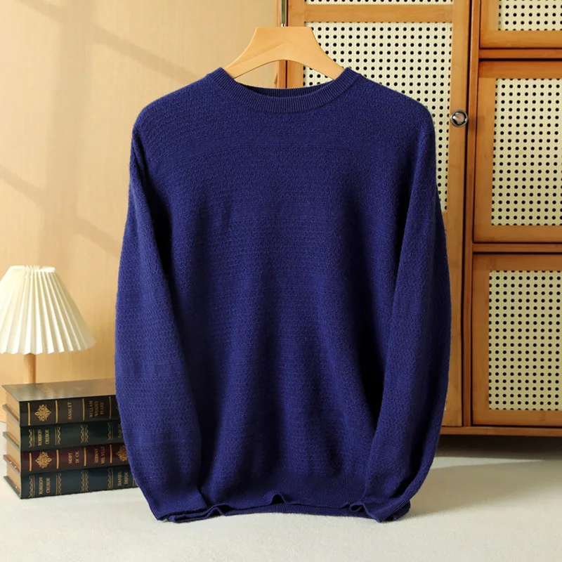 Men's High-end 100 Pure Cashmere Knitted Corrugated Round Neck Sweater Winter Warmth Pullover Solid Color Autumn Cold Top