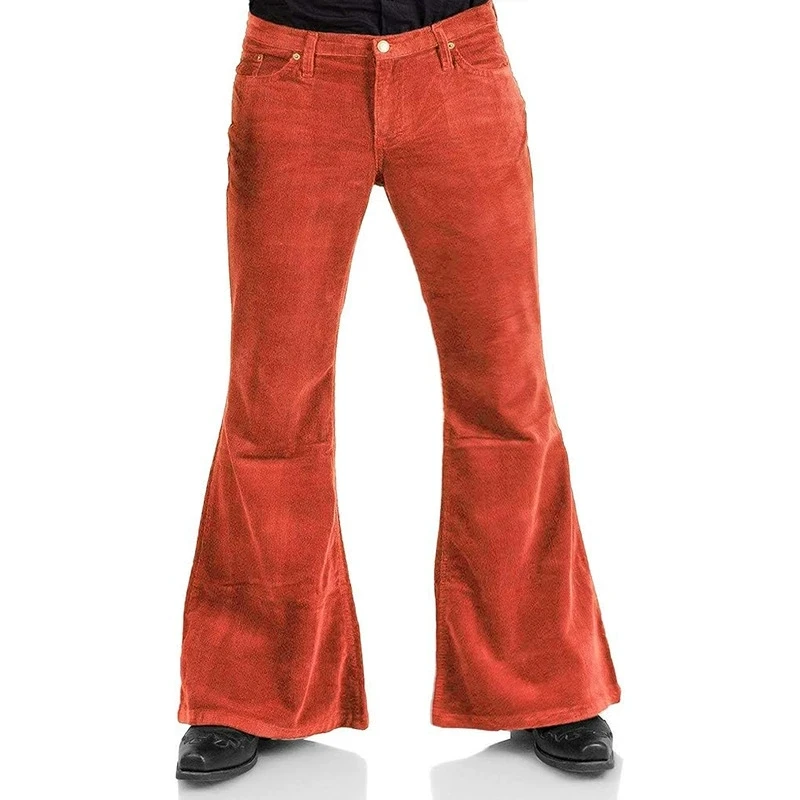 Men's premium corduroy flare pants with button closure, straight-leg fit, and elegant British-inspired casual fashion design. red