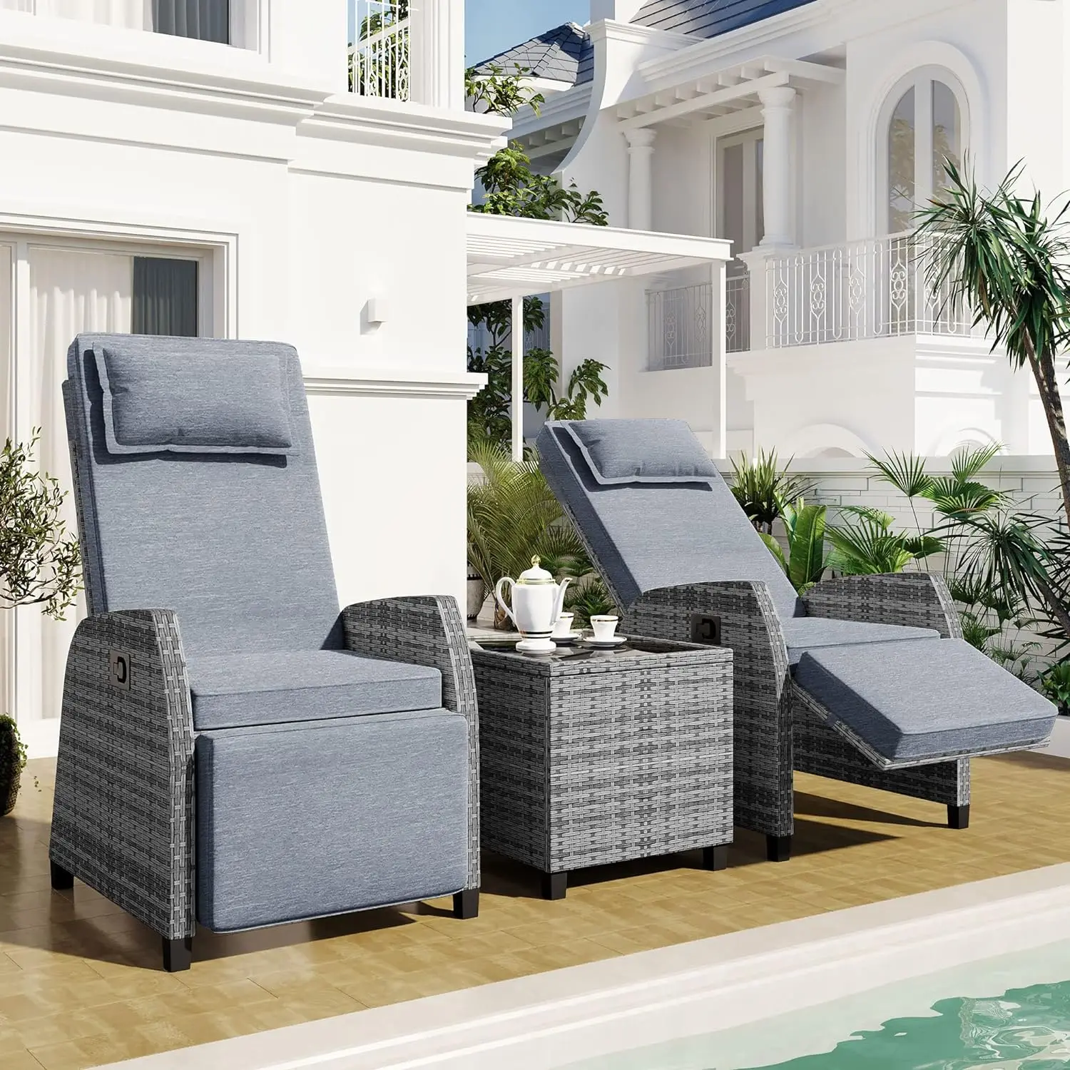 

Patio Furniture Sets 3 Piece Outdoor, PE Wicker Rattan 2-Person ConversationSets with Adjustable Backrest Recliner Lounge Chairs