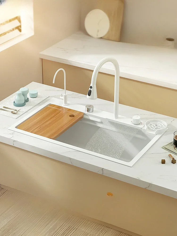 White Flying Rain Waterfall Sink Large Single Sink Handmade Nano 304 Stainless Steel Vegetable Washing Basin Kitchen Sink