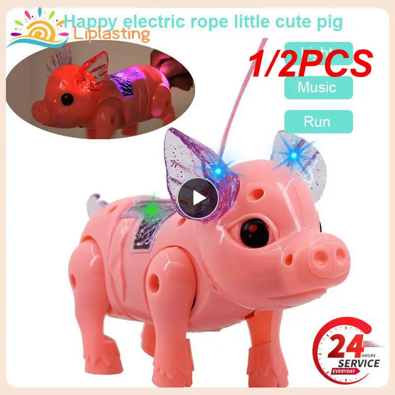 

1/2PCS Electric Pulling Rope Pig Batteries Powered Luminous Music Walking Pig Toy Pets Interactive Toys With Light For Children