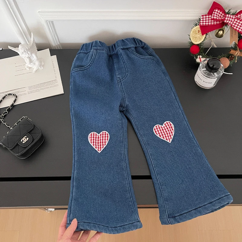 

Girls Jeans Winter New Korean Girl Love Embroidery Plus Fleece Pants Baby Wear Thick Jeans Kids Clothes