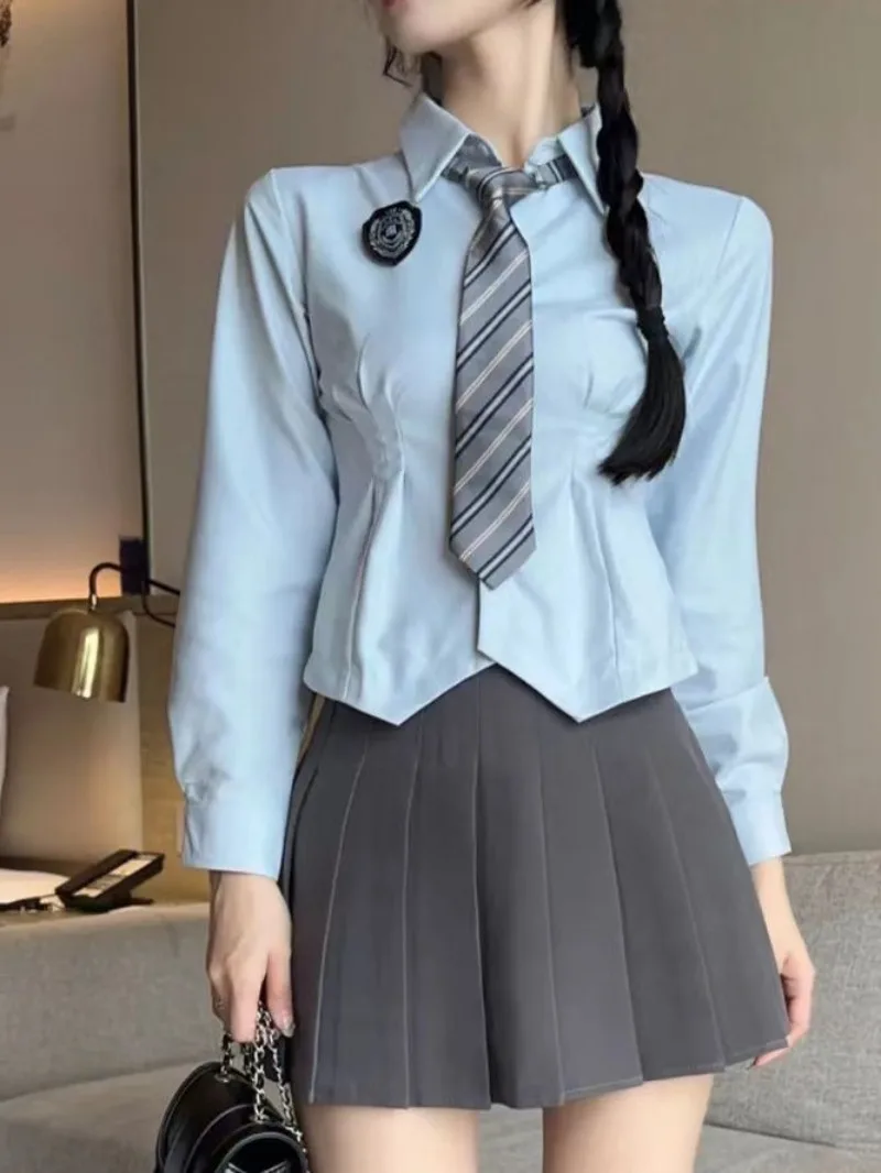 

College Waist Wrap Uniform Set Women Spicy Girl Shirt Pleated Skirt Sweet Solid Necktie Emblem Autumn Female Fresh Two Piece Set