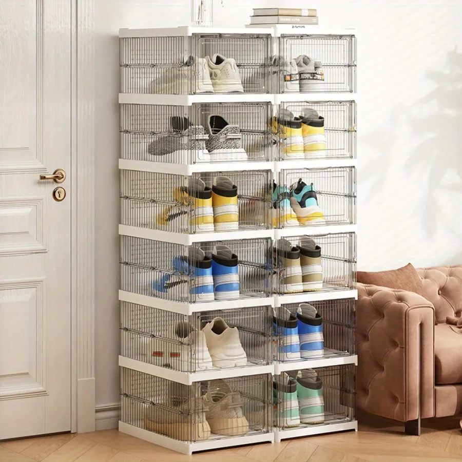 Foldable Shoe Rack Organizer Collapsible Shoes Storage Box Clear Shoe Boxes Cabinet with Lids Baskets, Bins & Containers