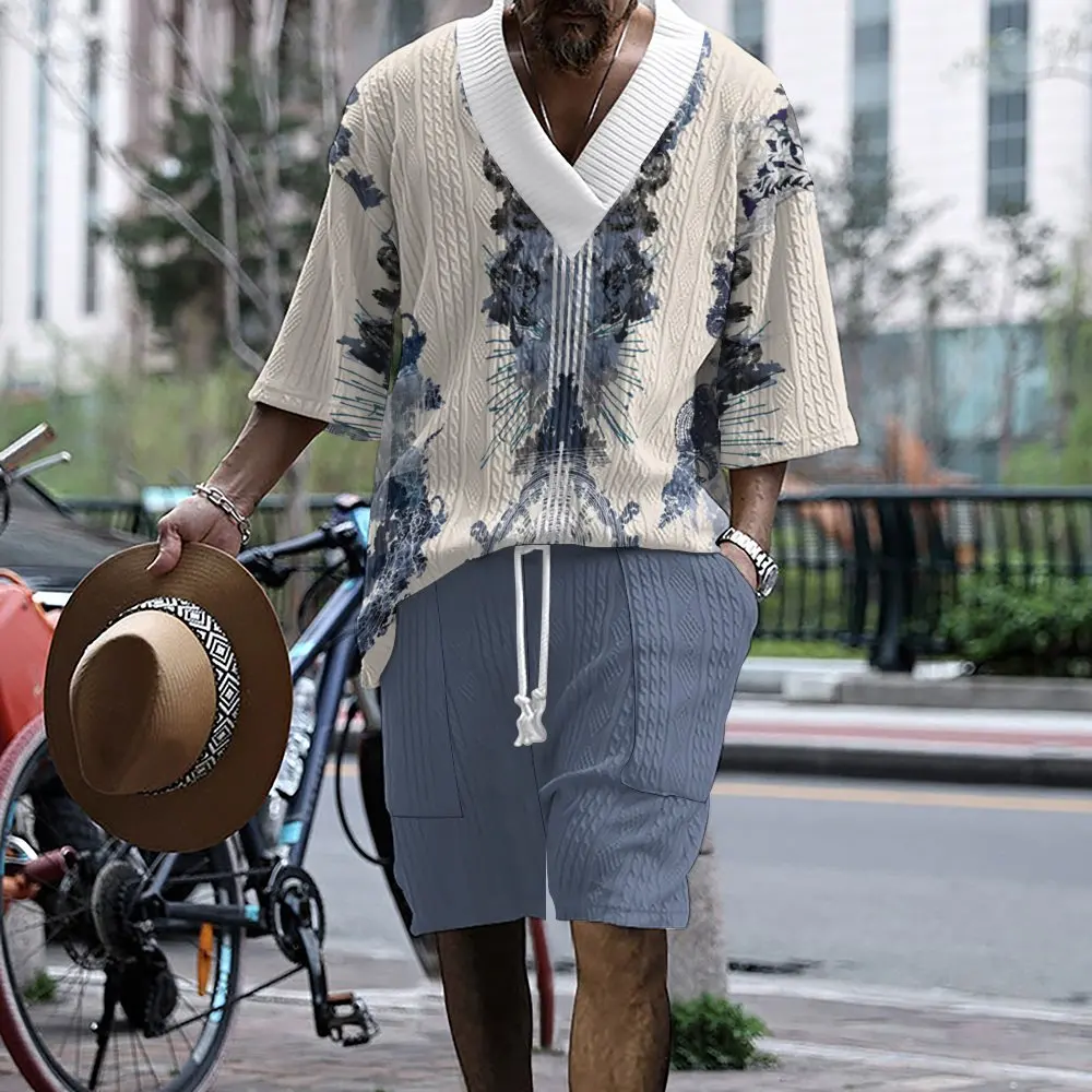

2024 Men's Trendy Printing Casual Set Men's Summer Loose Short sleeved Shorts V-neck Dynamic Set Two piece Set for Men