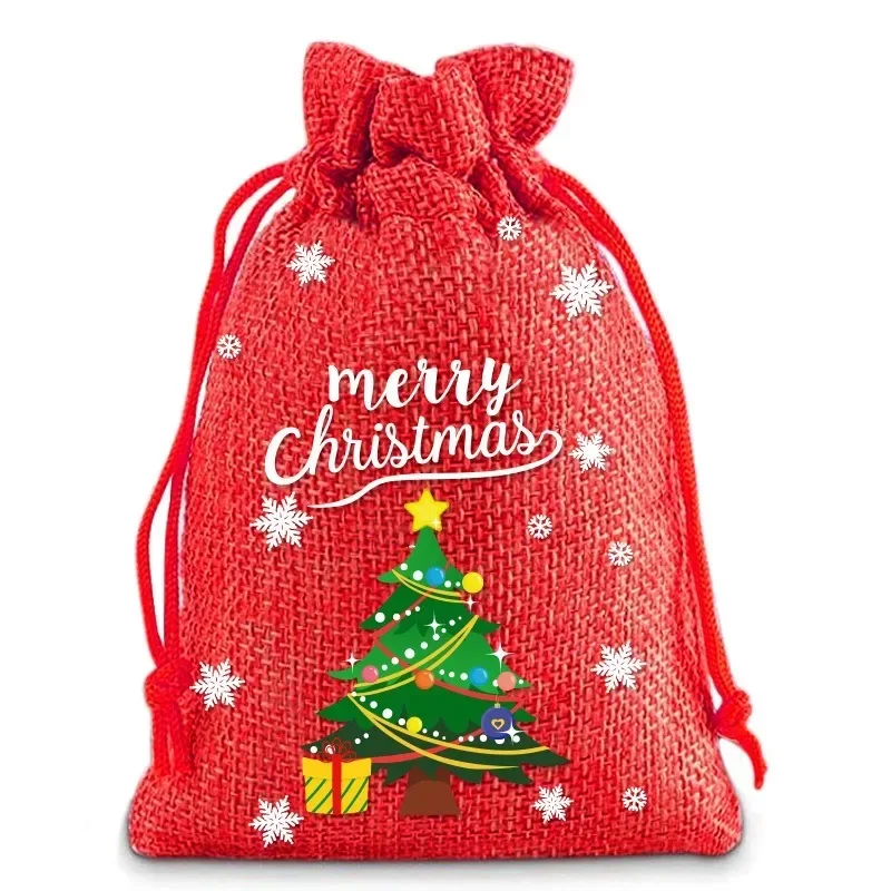 10pcs Wholesale Merry Christmas Linen Drawstring Bags Small Gift Storage Packaging Bundle Pocket Kids Pouch Party Favors LIJIAO