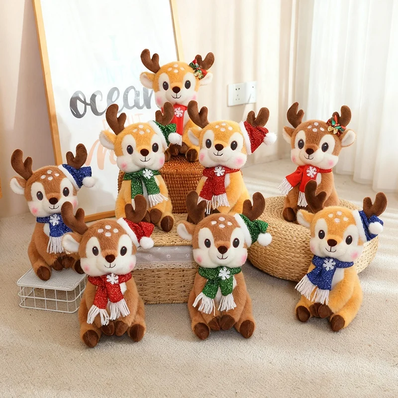 Kawaii Christmas Elk Plush Toys Stuffed Cartoon Sitting Pose Scarf Deer Doll Pretty Party Decor Lovely Xmas New Year Gift