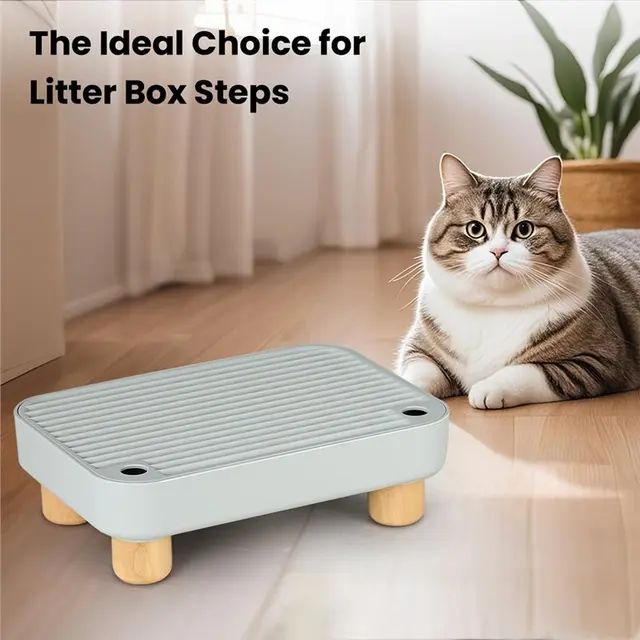 Wooden Base Litter Box Step& Ramp, Catcher-Anti-Tracking& Easy Cleaning Ideal For Small Elderly Cats 4