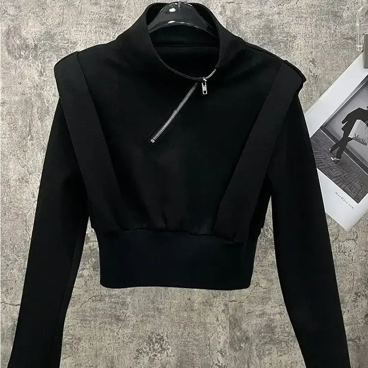 Black Fleece Lined Zipper Hoodie Women's Autumn Winter Stand Collar Sweatshirt Shoulder Pads Elastic Cuff No Sleeve Other