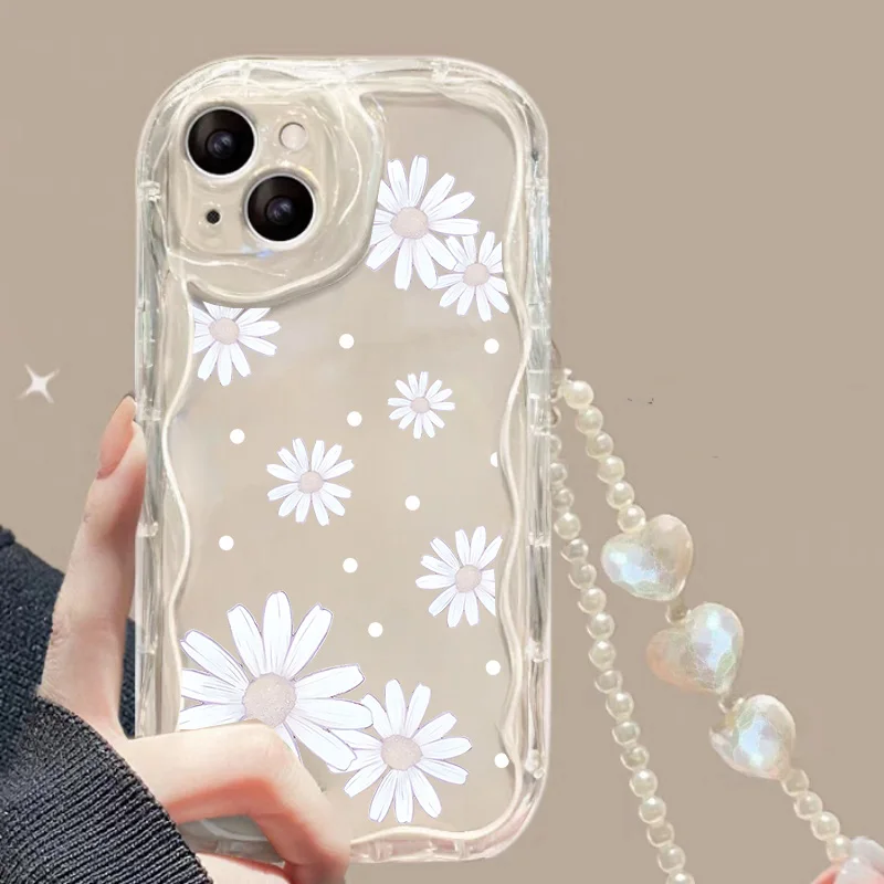 Charming Flower Case with Love Heart Wrist Chain Bracelet – Elegant Protective Cover with Floral Design