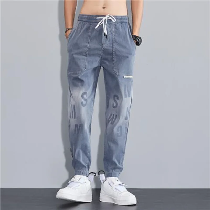 

2023 New Gradient Letter Print Men's Jeans Summer Thin Loose Bunched Foot Nine-point Pants Men's Handsome Casual Pants y2k