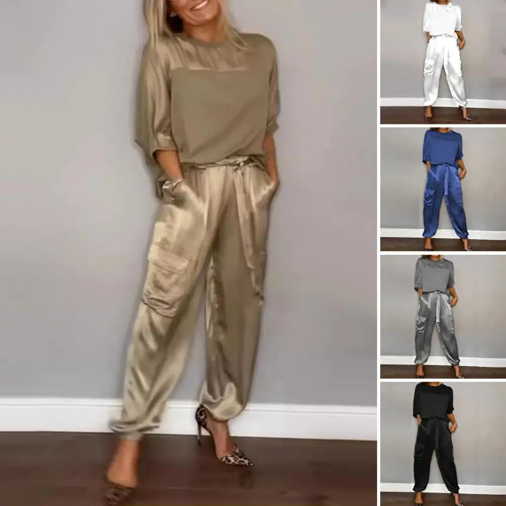 Three-quarter Sleeve Suit Elegant Satin Women's Top Pants Set with Lace-up Waist Three Quarter Sleeves Casual Pockets Soft