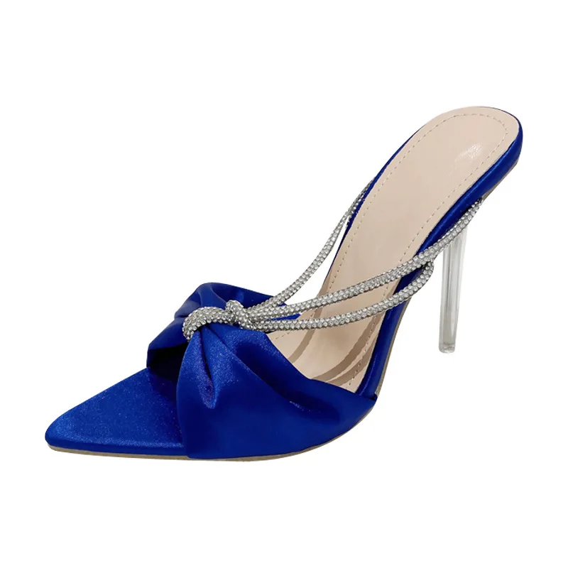 TSTCTB Satin Crystal Women Slippers Party Sexy Fashion Pointed Toe Transparent Perspex Stiletto High Heels Summer Party Shoes