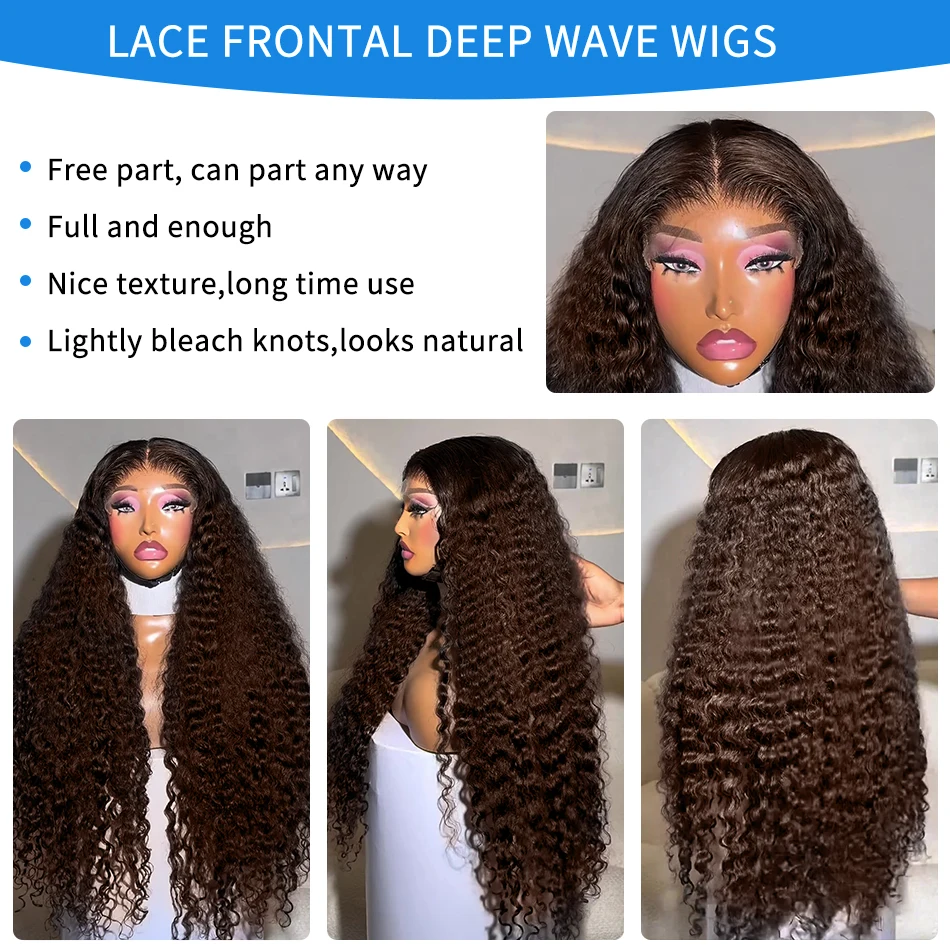 Xcurly Chocolate Brown Water Curly 13X6 HD Human Hair Lace Front Wig 40 Inch Colored Deep Wave 13x4 Lace Frontal Wigs For Women