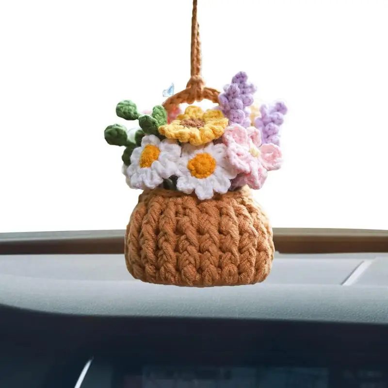 

Crochet Car Mirror Accessories Woven Potted Plants For Car Mirror Flower Crochet Car Ornament Hand Knitted Mirror Accessories