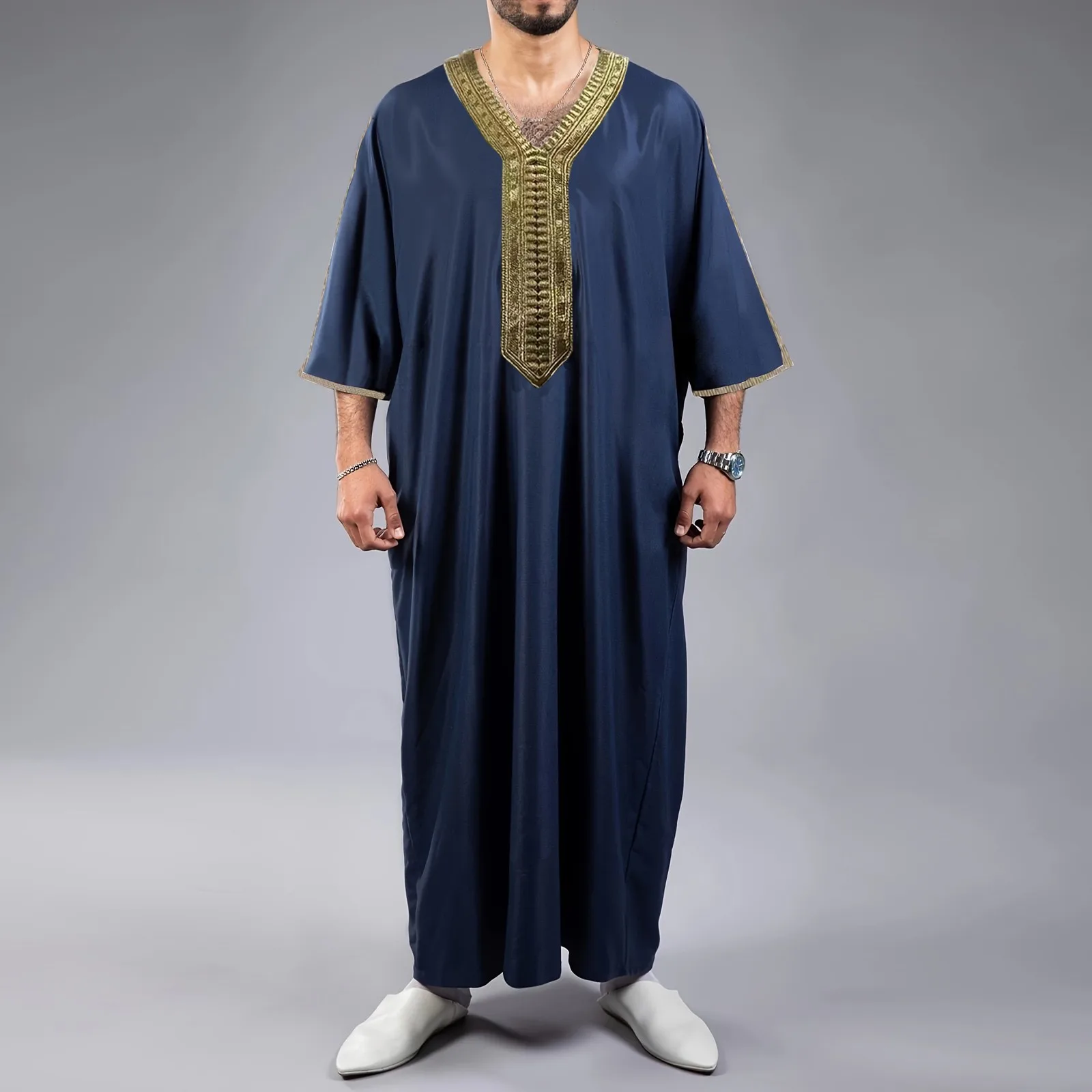 

2024 Muslim Thobe for men Jabador Gandoura Side pockets Embroidery abaya Long Sleeve Muslim Kaftan Vintage Solid Robe