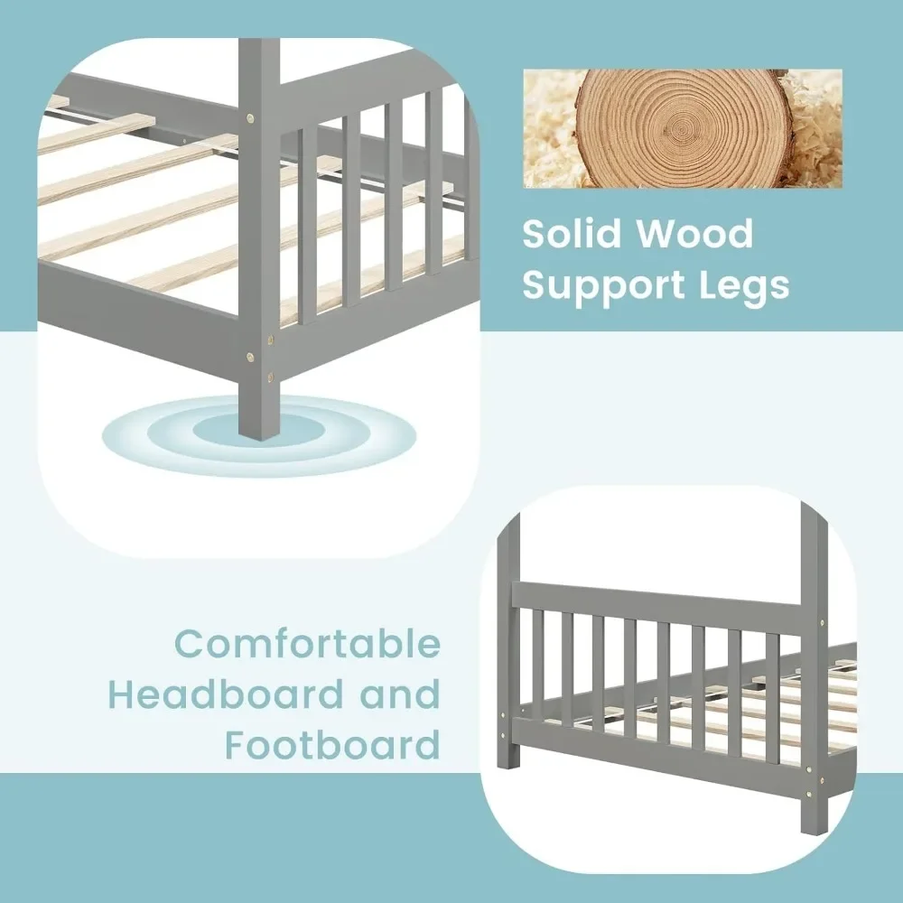 House Bed Twin,Solid Wood Kids House Bed with Roof,Headboard and Footboard,Low Floor Twin Bed Frame for Toddlers Teens GirlsBoys 6