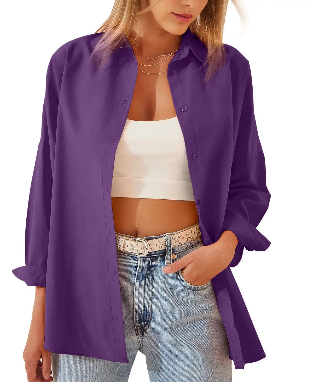 Womens Clothing V-neck Solid Button Long Sleeve Casual Blouse