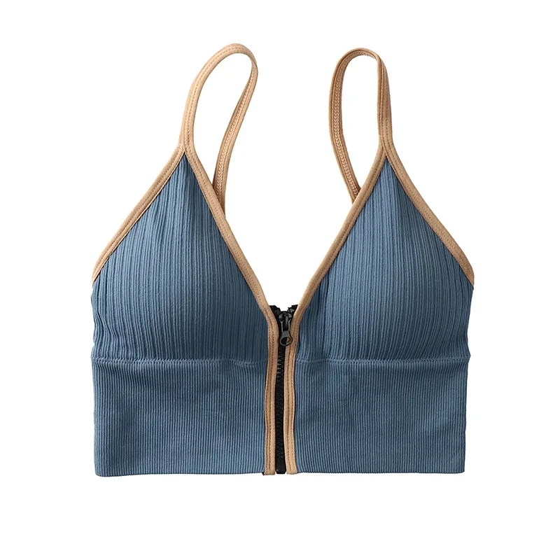 Sexy Sling Yoga Shirt Women Summer Zipper Breathable Fitness Workout Top with Chest Pad Casual Stripe Gather Running Sports Bra