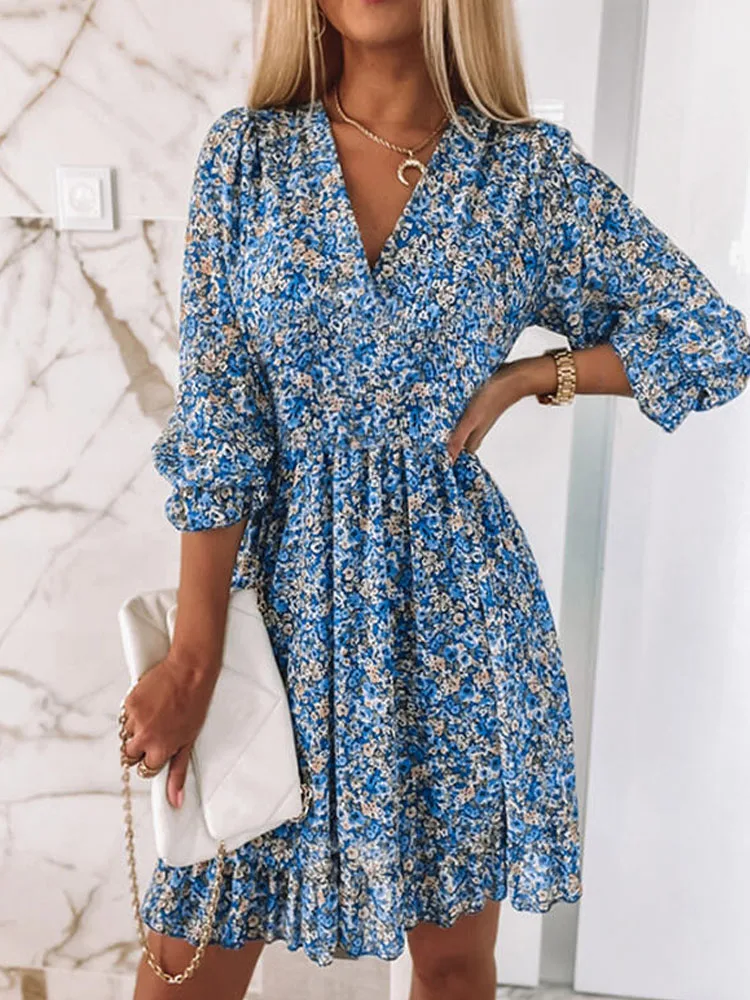 Sweet Printed 3/4 Sleeves Draped Women Dress 2022 Summer Elegant Holiday Girly Dresses Sexy V-Neck Waist-Up Bohemia Mini Dress