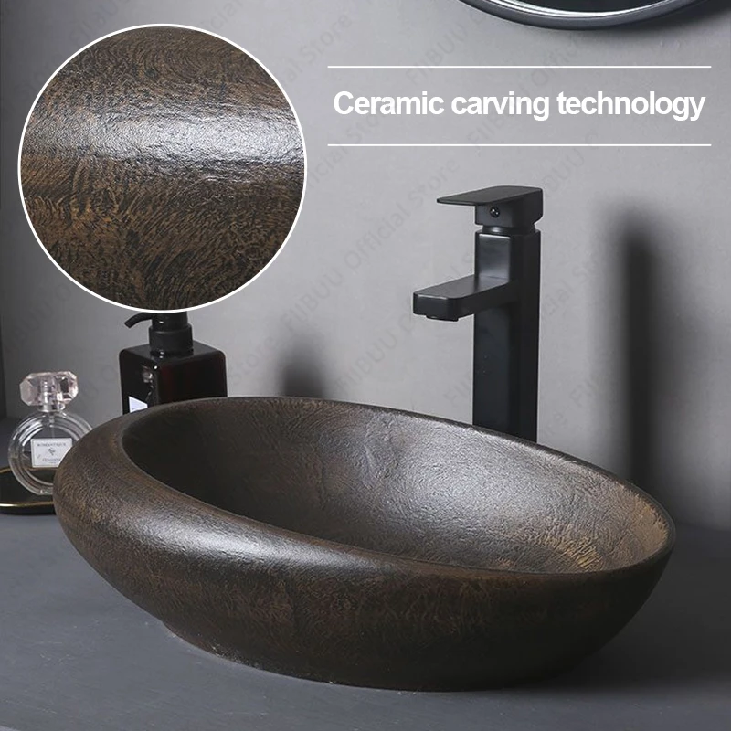 Brown Oval Ceramic Vessel Sink Above Counter Egg Shape Basin Bathroom Vanity Table Sink Glazed Art Washing Basin For Lavatory