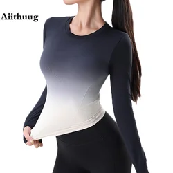 Aiithuug Gradiented Color Gym Tops Yoga Long Sleeve Workout Waist Slim Clothes Tops with Tumb Hole Slim Running Jogging