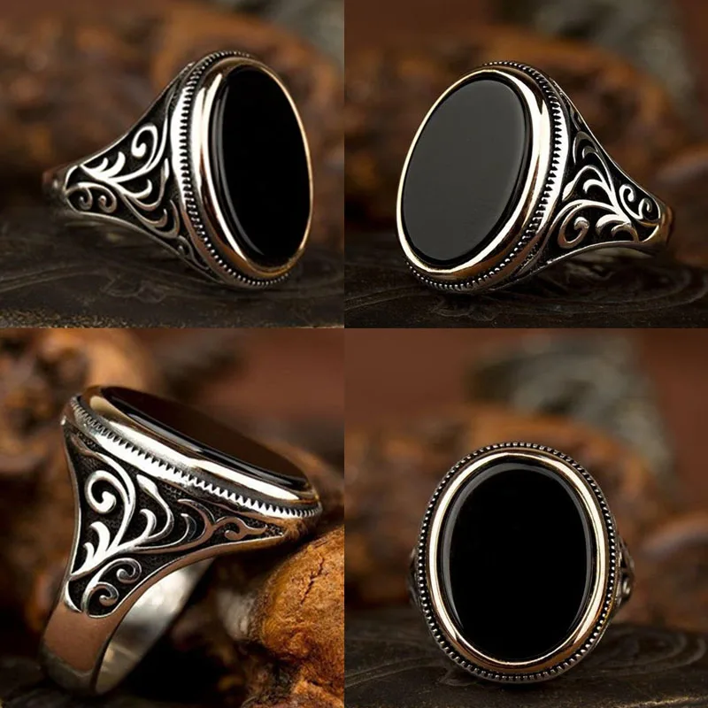 Men's Ring Punkboy Retro Style Craved Pattern Egg-shaped Crystal Silver Color for Male Party Jewelry Size 6-13