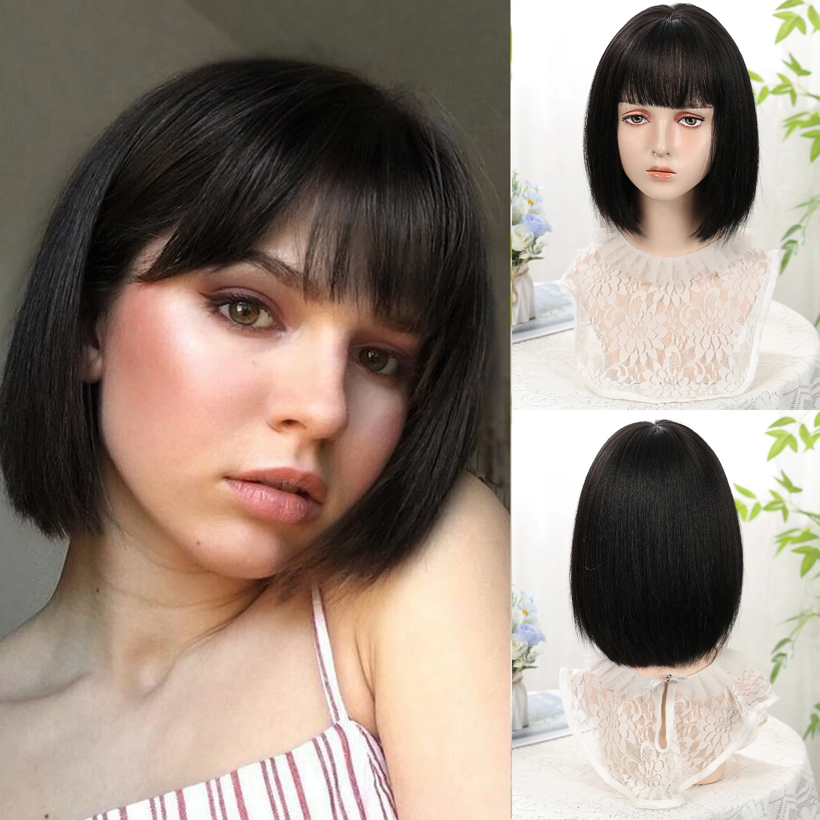 Black Bob Wig with Bangs for Women 12inch Short Straight Black Hair Natural Fashion Synthetic Wig Lolita Cosplay Daily Use Wigs