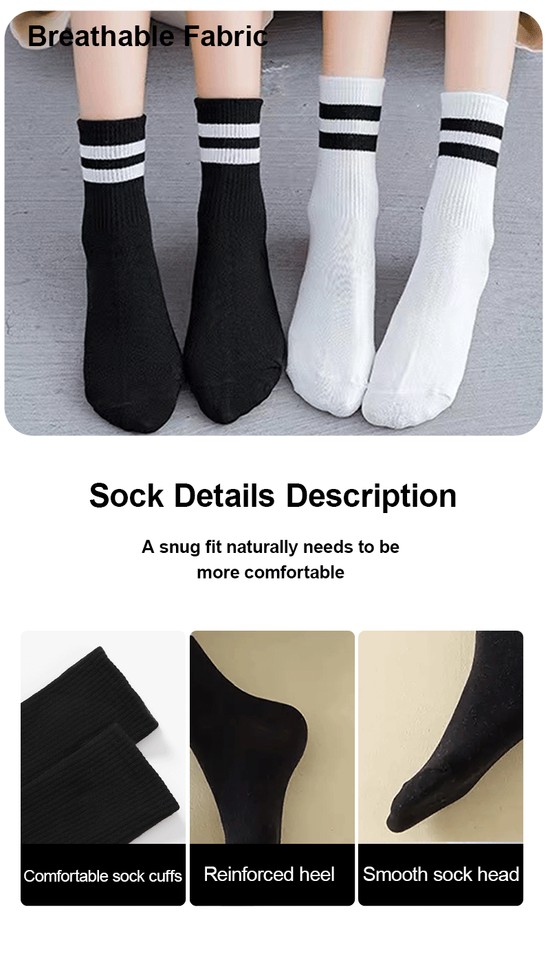 5 Pairs Women's Mid Length Socks Solid Color Parallel Stripe Simple Fashionable Sports Sweat-Absorbing High-Quality Girls' Socks