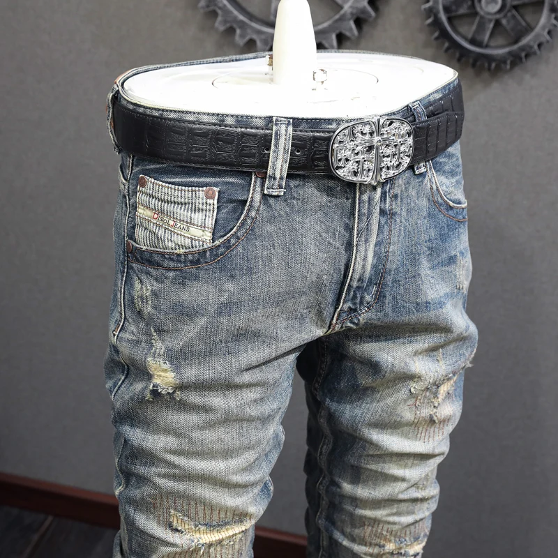 High Street Fashion Men Jeans Retro Washed High Quality Destroyed Patched Ripped Jeans Men Slim Fit Vintage Designer Pants Homme
