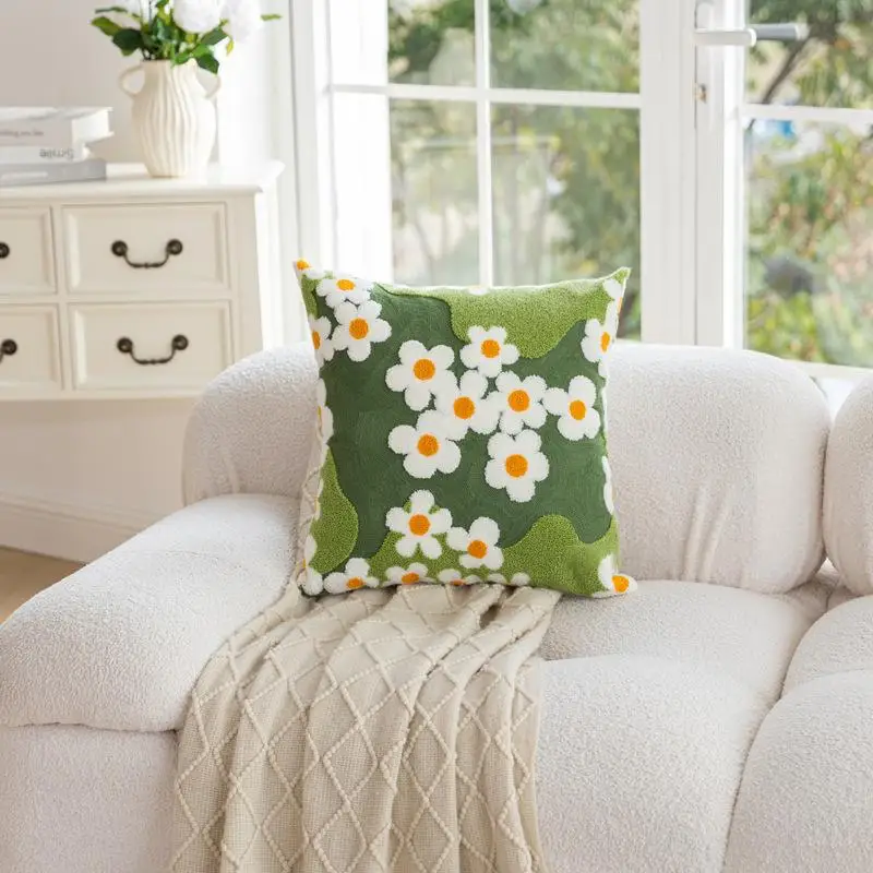 Frühlingshafte bestickte grüne Blumen-Kissenhülle – Cojines Pastoral Dekoration Sofa Quadratische Kissenbezüge Kopfteil-Kissenhüllen – Detail 6