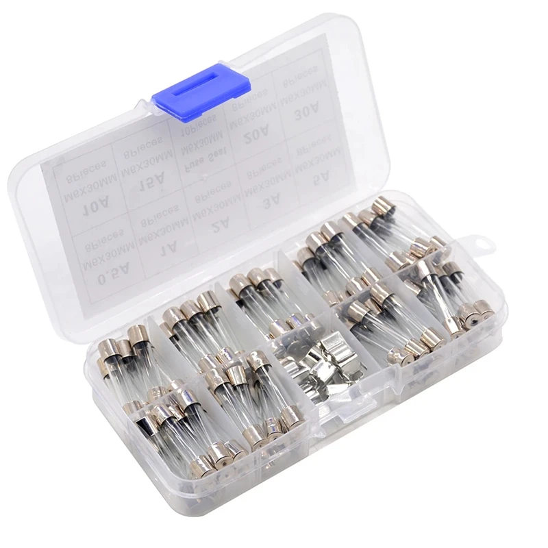 72PCS 6X30MM glass fuse 0.5A-30A 6*30mm fuse sample box bracket car fuse holder