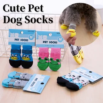4 Pcs/set of Cute Pet Dog Socks with Printed Non-slip Cat and Puppy Shoes To Protect and Prevent Dirt Warm Pet Socks